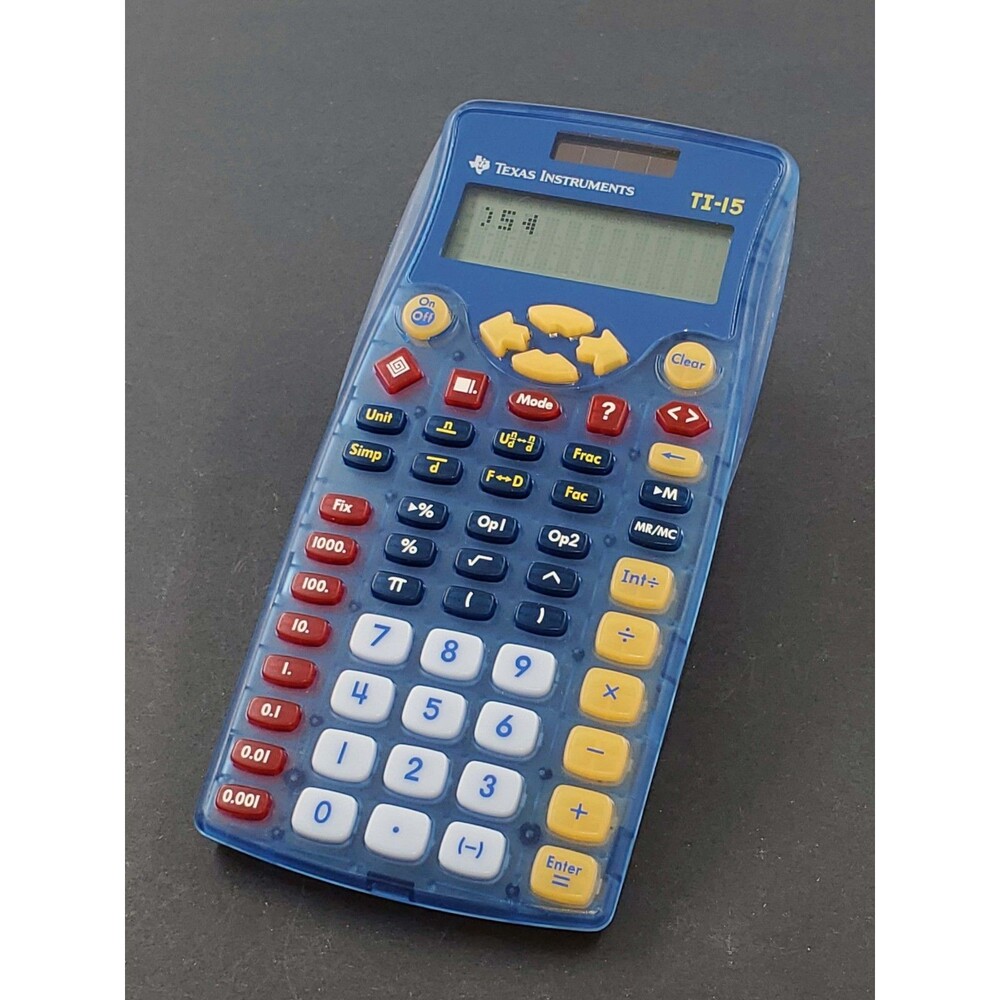 Texas Instruments TI-15 Scientific Calculator Transparent Blue Fractions Math